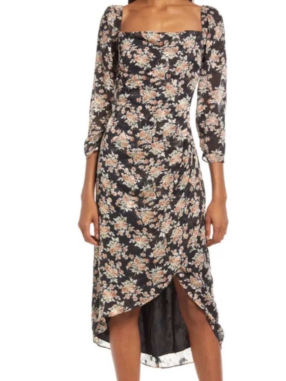 Lush Black Floral Long-Sleeve Midi Dress